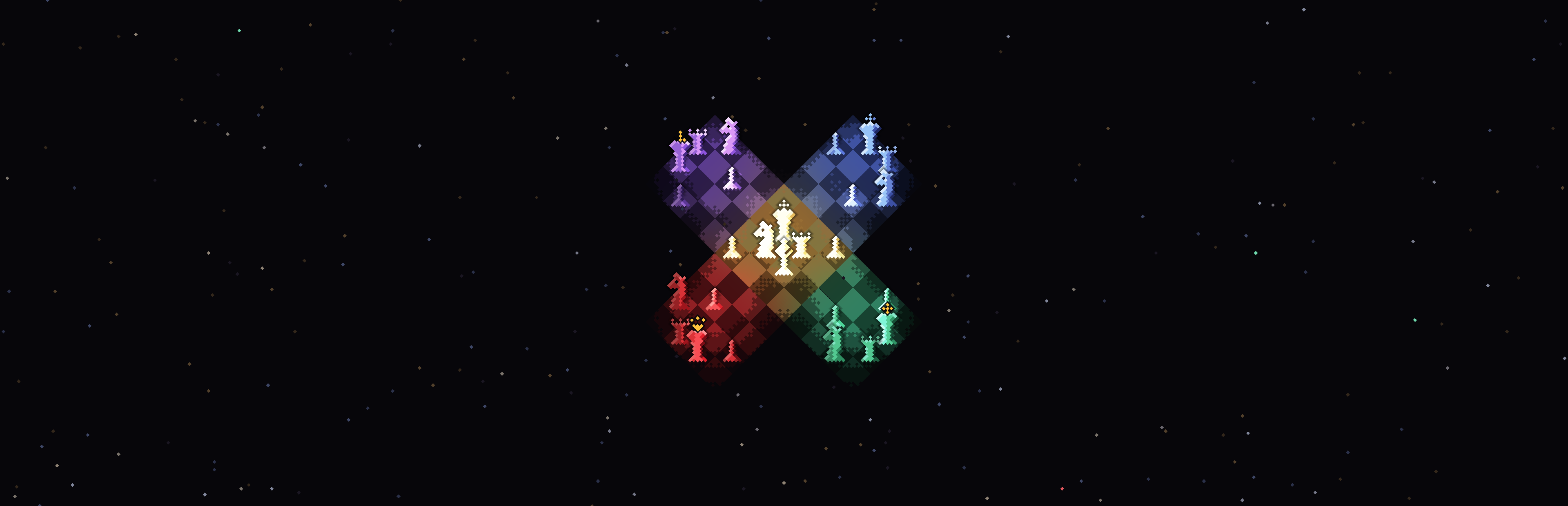 Five small chessboards in five colours, arranged in an X.